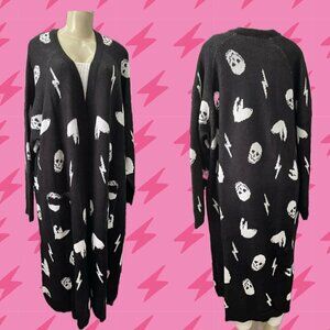 Lovesick +4 Black Open Front Skull- Bolt-Heart Pockets Long Sleeve Midi Sweater